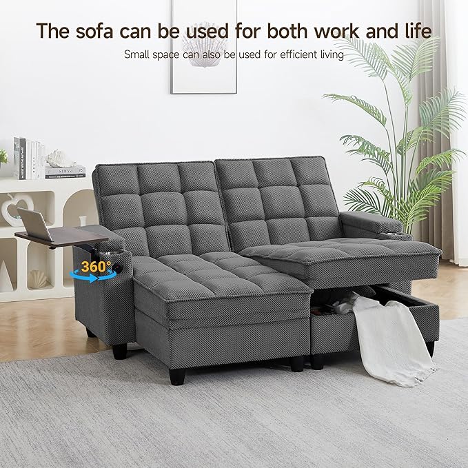 70.9" Chaise Lounge Chair Indoor, Oversized Boucle Upholstered Sofa Bed, Adjustable Backrest Deep Seat Reading Chair, Sofas Couches for Living Room with Storage, Cup Holders and 360° Swivel Side Table