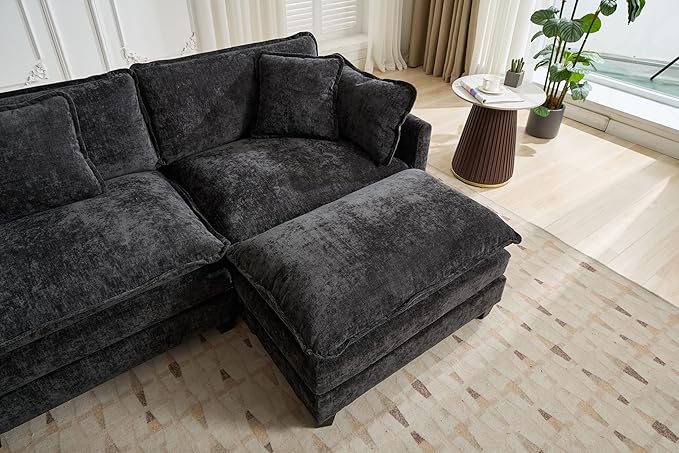 SoarFlash 149.61" Chenille Sectional Sofa, Comfy L Shaped Modular Coush Sofa with Ottoman, Modern 4 Seat Couch Deep Seat Sofa Set for Living Room,Black