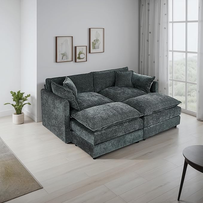 Aoowow Modular Sectional Sofa Modern Convertible Loveseat Couch,77.16 Inch Deep 2-Seater Sofas Comfy Chenille Cloud Sofas and Couches Set with 2 Movable Ottoman for Living Room Apartment（Grey）