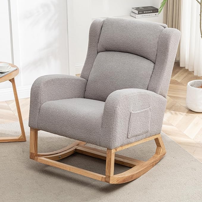 HCHAIRH Rocking Chair Nursery, Nursing Rocking Chairs for Mom Nursery, Comfy Wingback Glider Rocking Armchair with Foot Rest and Side Pocket for Nursery Living Room Bedroom, Teddy Grey