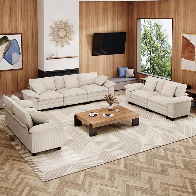 MIXPATIO Cloud Couch Sectional Sofa Set, Plush 24.4-Inch Deep 7-Seat Sectional with Velvety Corduroy & Removable Arms for Living Room and Apartment, Beige