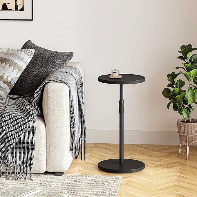 IRCPEN Adjustable End Table, Small Round Side Table, Drink Table for Small Spaces, Pedestal Nightstand for Living Room, Bedroom, Sofa Couch, Black Wood Grain ET-010BW