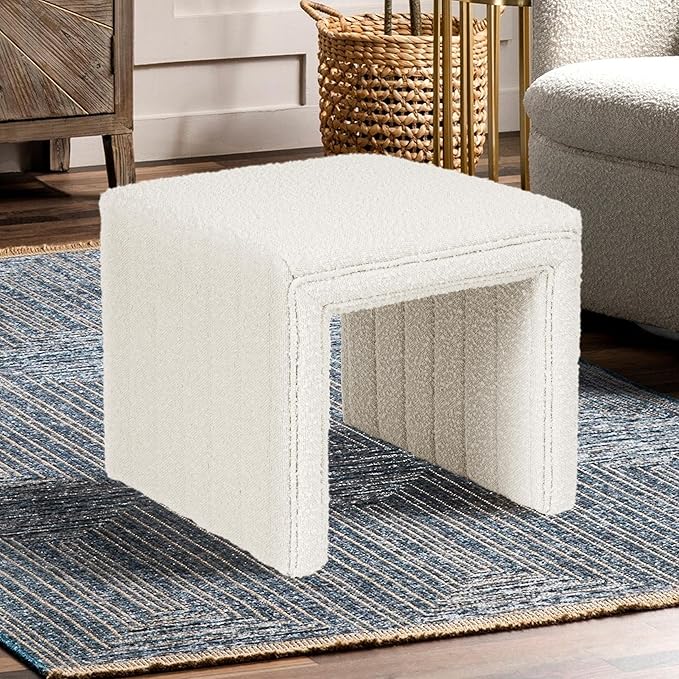 HomePop Modern Channel Tufted Ottoman|Homepop Home Décor|Ottoman for Living Room & Bedroom - Cream Boucle