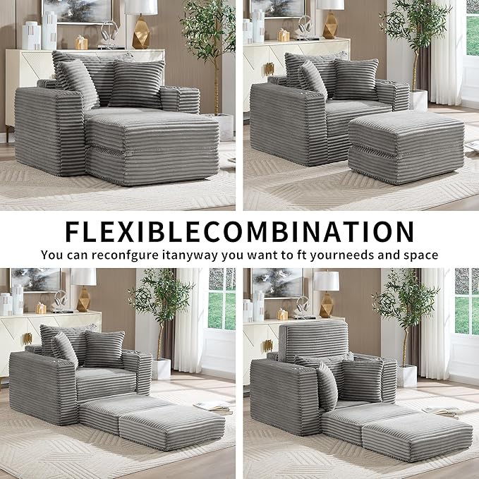 Boneless Chaise Lounge Chair Indoor, All-Foam Convertible Lounge Chair with No Frame, Wide Reclining Floor Lounger for Reading, Napping & Relaxation, No Assembly Needed (Grey)