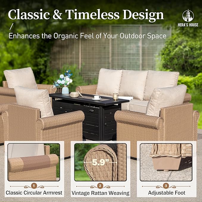 HERA'S HOUSE 6 Pieces Patio Furniture Sets, Outdoor Rattan Furniture with 5.5" Cushions, Oversized Outdoor Wicker Sectional Conversation Set for Lawn Garden Backyard, Beige