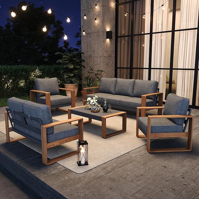 5 Pieces Aluminum Patio Furniture Set, Outdoor Conversation Sets with High Backrest Sofa and Coffee Table for Garden and Backyard