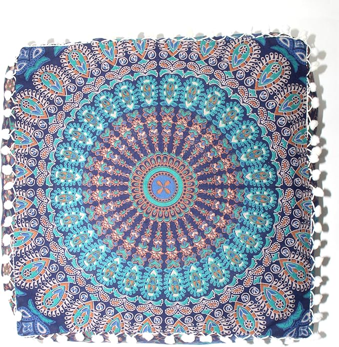 CRAFT KALA Blue Peacock Large Hippie Mandala Meditation Floor Ottoman Pillow Cushion Pouf Cover Square Poufs Bohemian Circle Floor Cushion Case Outdoor Fireplace Living Room Decor Cover 24" Square