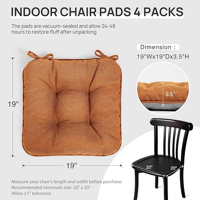 Love's cabin Memory Foam Chair Cushions Set of 4, Outdoor/Indoor Chair Pads for Dining Chairs 4 Pack, Seat Cushions for Kitchen, Dining Room, Office, Patio Chairs, 19"x19"x3.5" Terracotta
