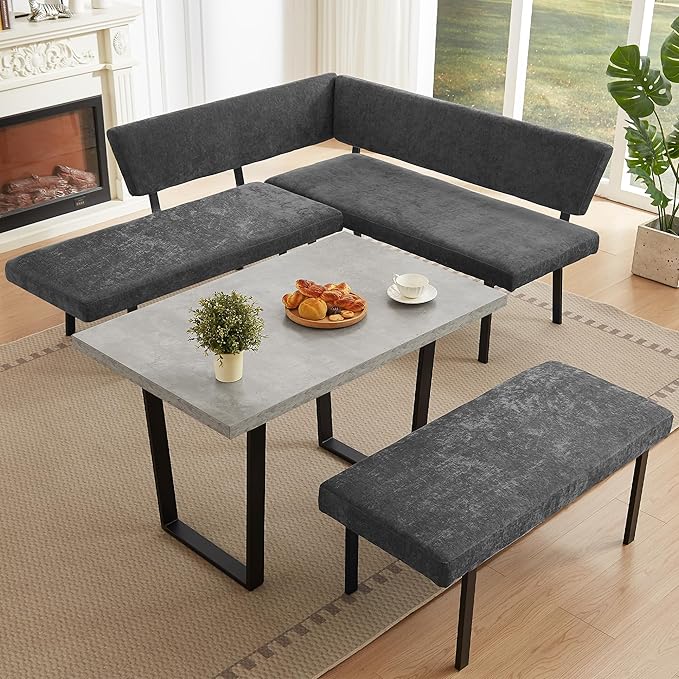 3-Piece Corner Dining Table Set with Bench, 67 Inch Space-Saving Breakfast Nook for Kitchen & Dining Room, Grey