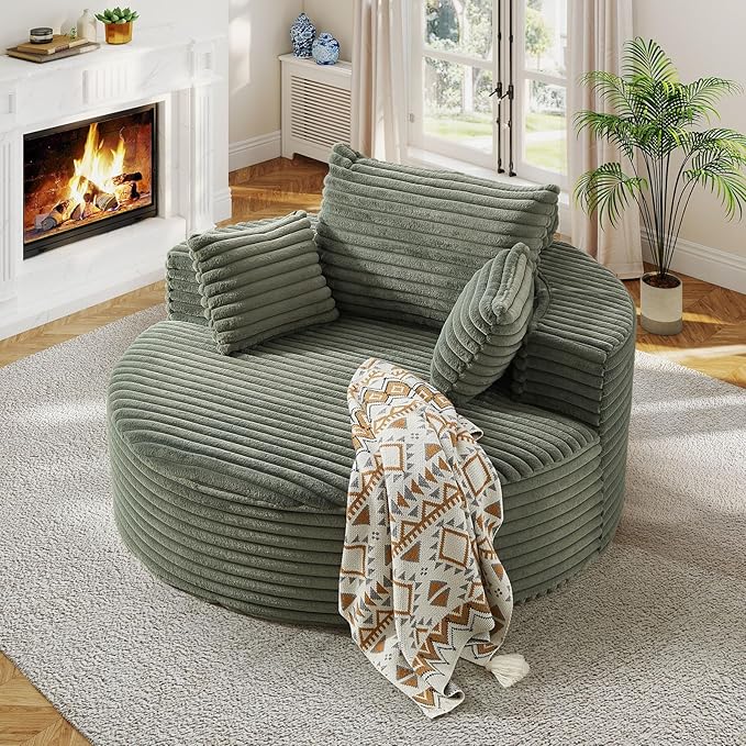 55"W Oversized Round Chair Lounge Chaise Indoor, Upholstered Comfy Circle Sofa Armchair, Modern Cozy Boneless Foam Floor Reading Chair for Living Room, Bedroom, No Assembly Required(Corduroy, Green)