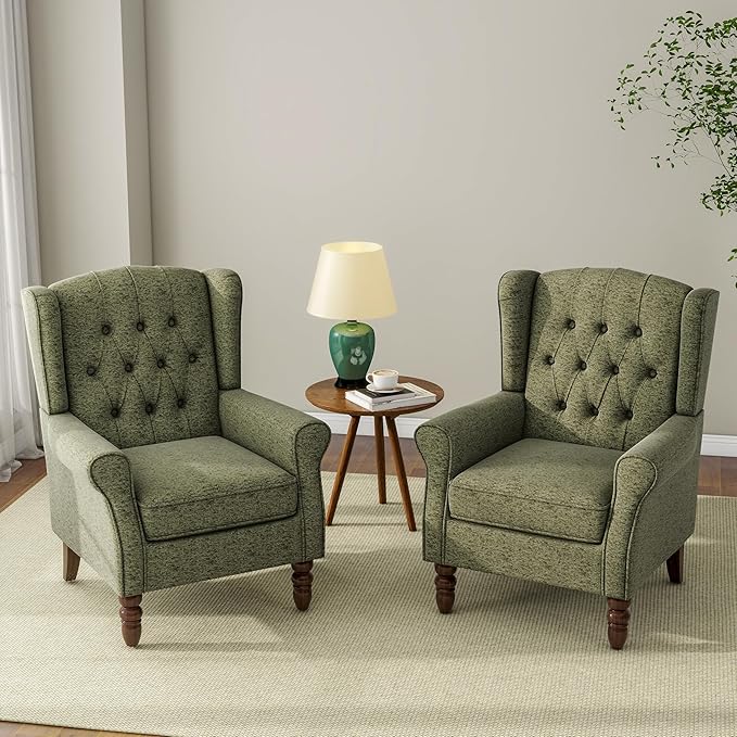 DREAMSIDEA Accent Chair, Upholstered Armchair with Button Tufted High Back & Solid Wood Legs, Comfy Wingback Reading Single Sofa Chair for Small Spaces, Living Room, Bedroom (Green, Set of 2)