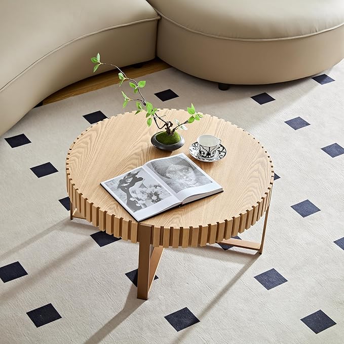 31.49'' Original Wood Color Round Coffee Table for Apartment, Modern Living Room Coffee Table with Sturdy Pedestal Base (Oak, 31.5)