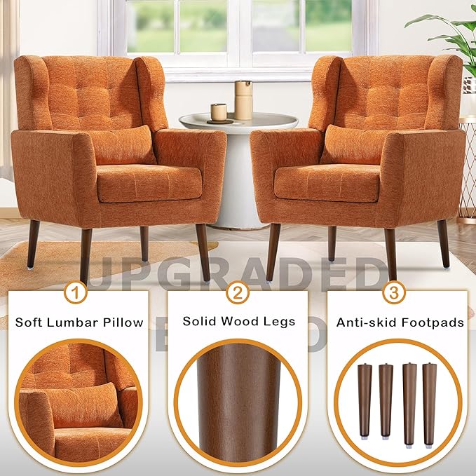QKFF Modern Accent Chair, Upholstered Armchair with Pillow, Fabric Single Sofa Chair with Lounge Seat and Wood Legs Accent Chair for Living Room Bedroom Small Spaces (Orange, Set of 1)