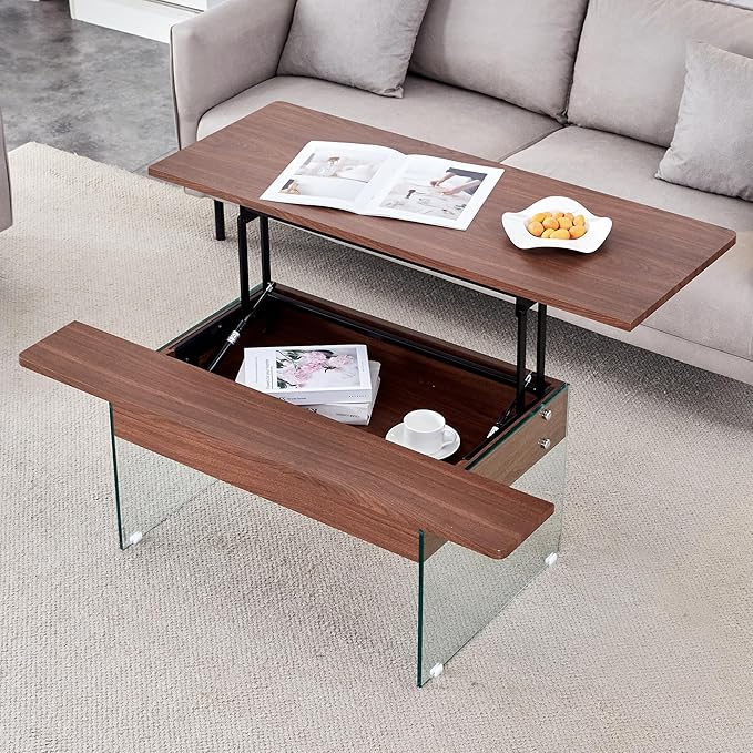 HanStrong 43.3" Lift-Top Coffee Table with Storage,Marble & Tempered Glass Space-Saving for Living Room,Office,Dark Brown