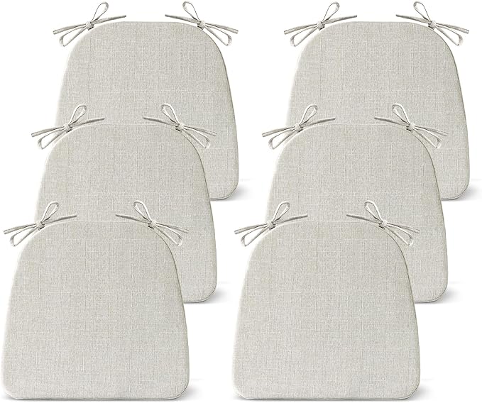 Chair Cushions for Dining Chairs Set of 6, Non Slip Kitchen Chair Pads, 17" x 16" x 2", Indoor Dining Chair Cushions with Ties, D-Shaped Seat Cushions for Kitchen Chairs, Beige