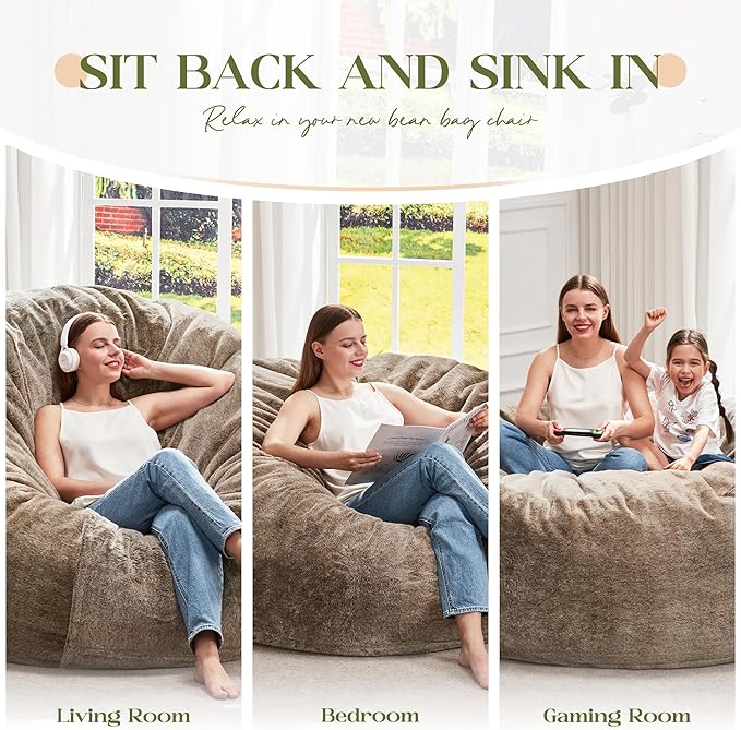 Hobestluk Bean Bag Chairs Giant Beanbag Chair with Filler, Memory Foam Bean Bags with Fluffy & Machine Washable Cover, Bean Bag Chairs for Aduts for Living Room, Bedroom (BROWN, 6FT - 70" x 70" x 15")