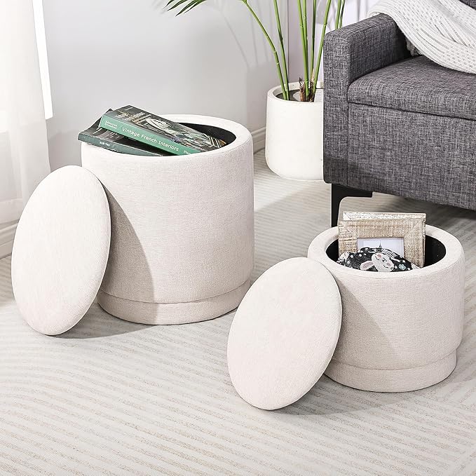Homebeez Round Storage Ottoman Set of 2, Chenille Fabric Stool with Removable Lid, Multifunctional Foot Rest Pouf for Living Room, Bedroom, Dorm, Supports 300 lbs, Beige