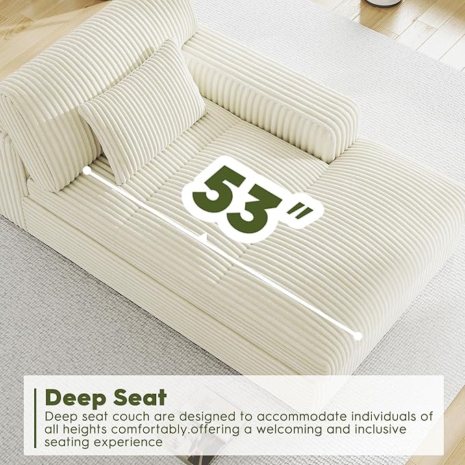 Oversized Chaise Lounge Sofa Chair Indoor，Soft Corduroy Fabric, Boneless sofawith Cushion，A Comfortable, deep-Seated Cloud Sofa for use in The Living Room.(Singler-Right-arm-White)
