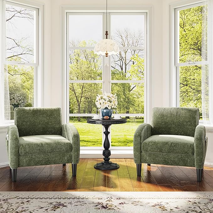 Accent Chair Set of 2, Comfy Mid Century Modern Reading Chair with Side Pockets,Comfy Living Room Chair for Bedroom,Upholstered Armchair for Office, Apartment, Small Room,Green