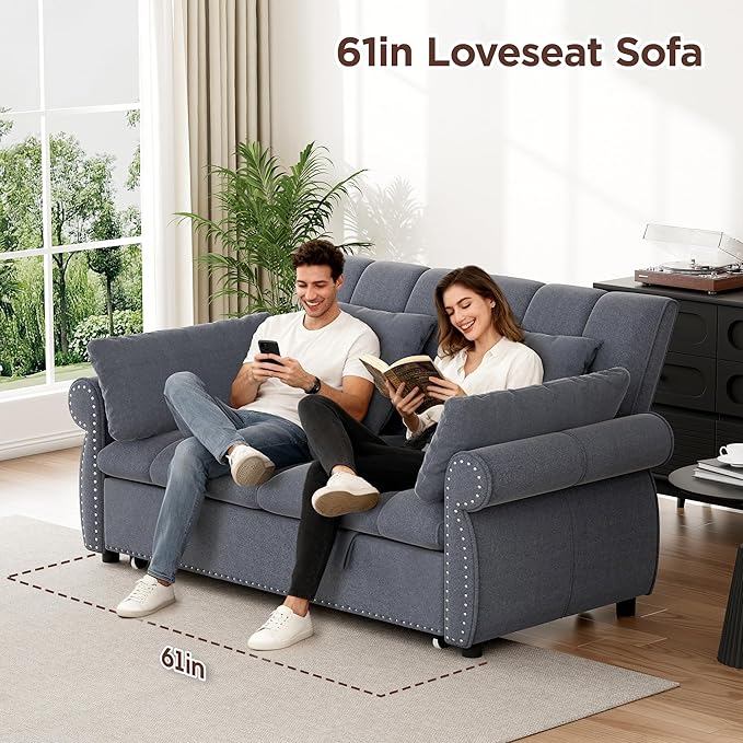 3 in 1 Sofa Bed, 61 Inch Convertible Pull out Couch with Four Pillows, Loveseat Sleeper Sofa with Adjustable Backrest, Sofa Couches for Living Room, Bedroom, Apartment, Chenille Fabric, Grey