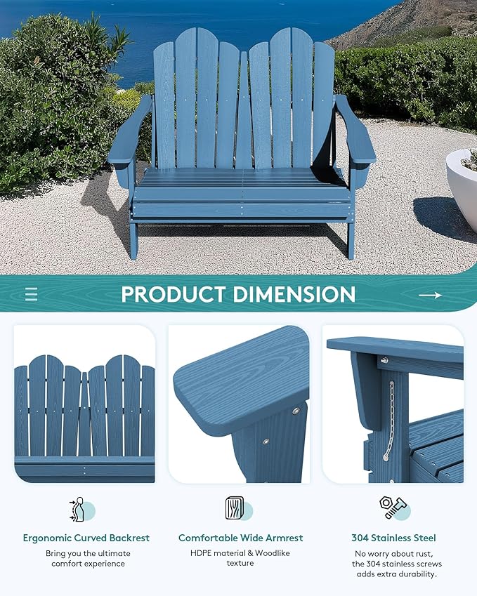 SERWALL Folding Adirondack Bench, HDPE All-Weather Adirondack Loveseat Set of 2, Navy