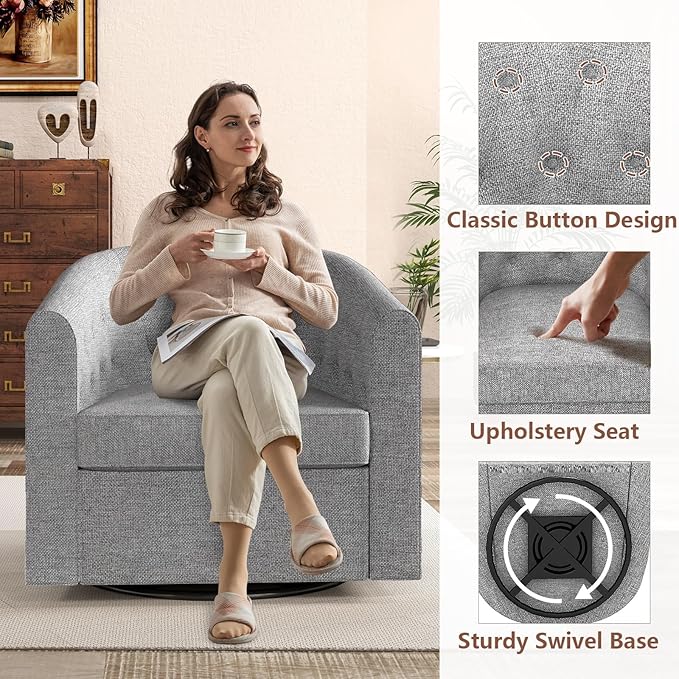 Simore Swivel Barrel Accent Chair Set of 2, Comfy Fabric Round Swivel Cuddle Chair for Nursery Living Room Bedroom Office, Gray
