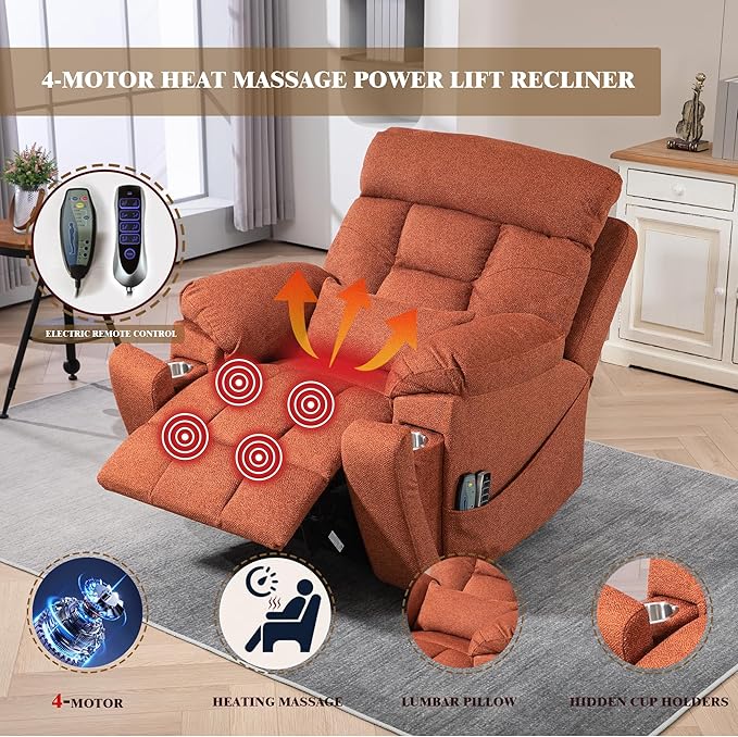 4-Motor Power Lift Recliner Chair for Elderly, Oversized Lay Flat Recliner with Heat and Massage, Adjustable Headrest Lumbar Heat Hidden Cup Holder for Big Man 400lbs (Orange Chenille)