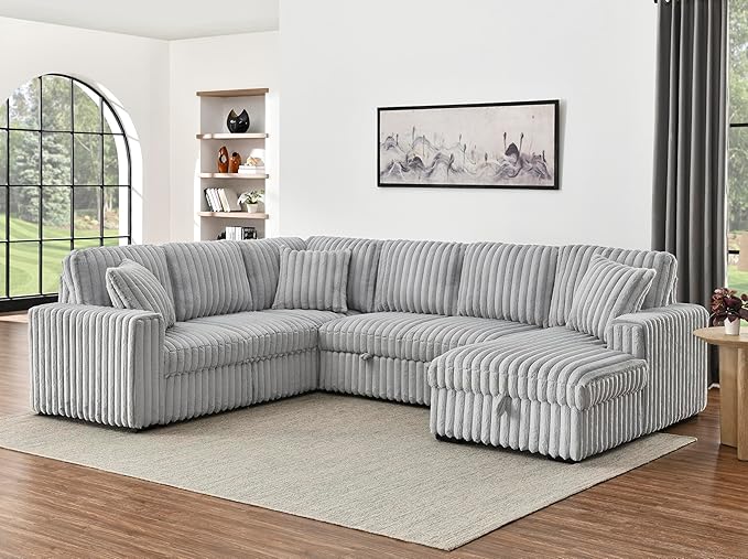 Olodumare Oversized Convertible Sectional Sofa Bed for Living Room, Modern 122'' Corduroy Upholstered U-Shaped Couch with Right Chaise Hidden Storage & Pull-Out Bed, USB & Type-C Port, Ash Grey