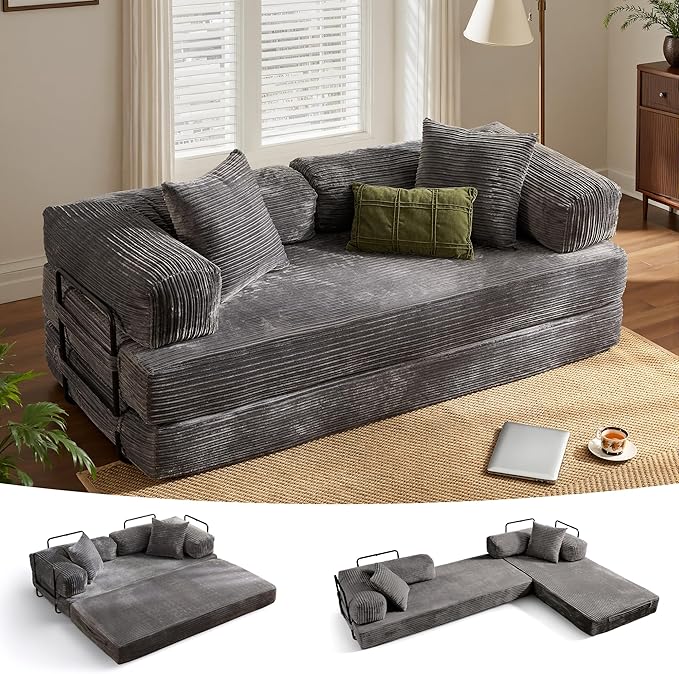 ovios 81" Folding Sofa Bed, Foldable Sleeper Boneless Couch with Pull Out Beds, Modular Convertible Floor Futon Loveseat Lounger for Living Room (Corduroy, Grey)