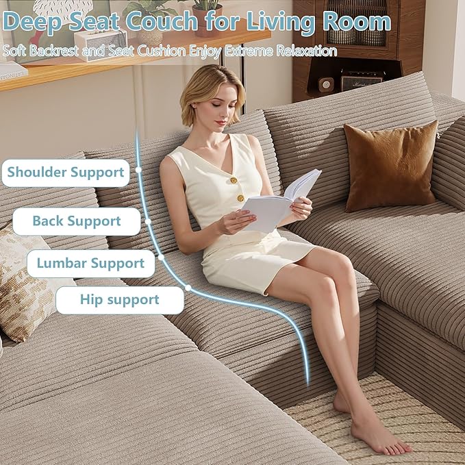 107" Cloud Sectional Couch with U-Shaped Chaise,Viral Corduroy Boneless Sofa with Ottoman,Memory Foam Couches in a Box with Deep Seat for Living Room,No Assembly Required (Camel,Right-Facing Chaise)