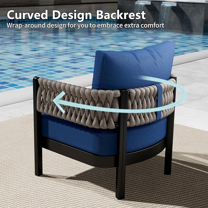RTDTD Aluminum Patio Furniture Set,7 Pieces HDPE Rope Patio Conversation Sets with Modular Coffee Table,Metal Outdoor Sectional Furniture w/5.9" Thick Cushions for Porch,Deck,Backyard,Navy Blue