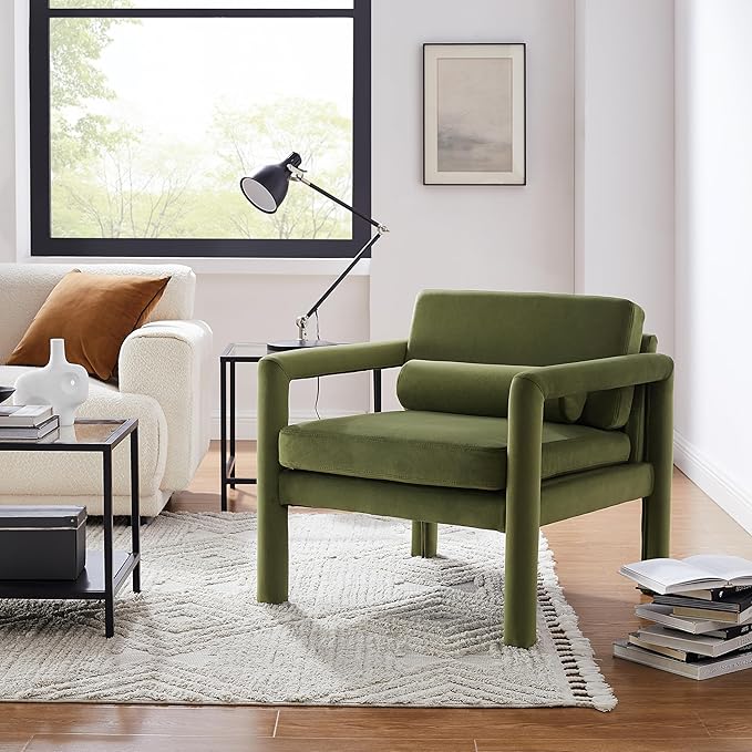Art Leon Accent Chairs Set of 2, Modern Velvet Upholstered Arm Chairs, Sofa Chairs Lounge Chairs with Pillow for Living Room Bedroom, Green