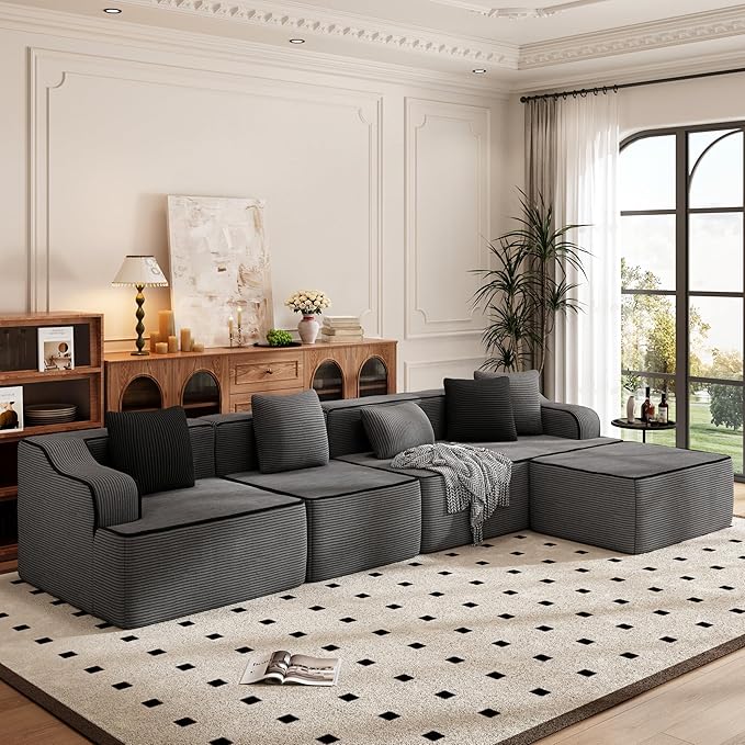 PHI VILLA Cloud Modular Couch Sets, 134" L-Shaped Sectional Sofa with Movable Ottoman, 5-Seater Couches with Deep Seat for Living Room, No Assembly Required, Corduroy, Grey