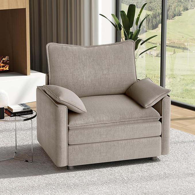 Vesgantti 40" Single Seat Sofa, Comfy Cloud Couch Deep Seat Upholstered Couch Chenille Modern Sofa with Armrest Pillow, Easy Assembly for Living Room, Bedroom and Apartment, Light Brown