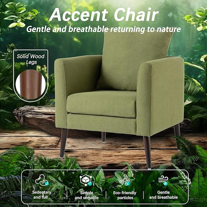 QKFF Barrel Accent Chair with Back Pillow, Large Upholstered Armchair with Solid Wood Legs Modern Reading Chairs for Living Room Bedroom