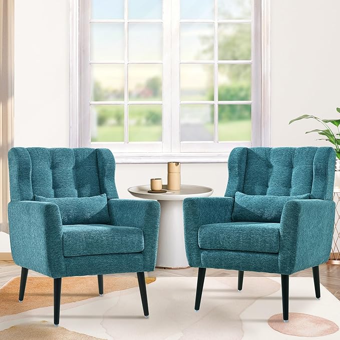 QKFF Accent Chair Set of 2, Upholstered Armchair with Pillow, Fabric Single Sofa Chair with Lounge Seat and Wood Legs Accent Chair for Living Room Small Spaces (Teal)