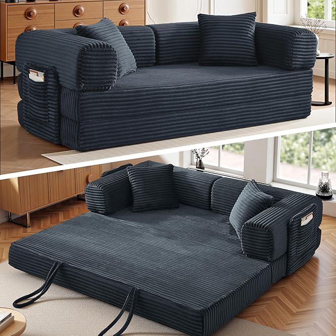 Chorlenimi Boneless Couch Futon Sofa Bed Sectional Couches for Living Room,Cloud Couch with Sleeper Sofa,Sofas for Living Room Oversized Corduroy Upholstered (Gray, 81 Inches (with Iron Frame))