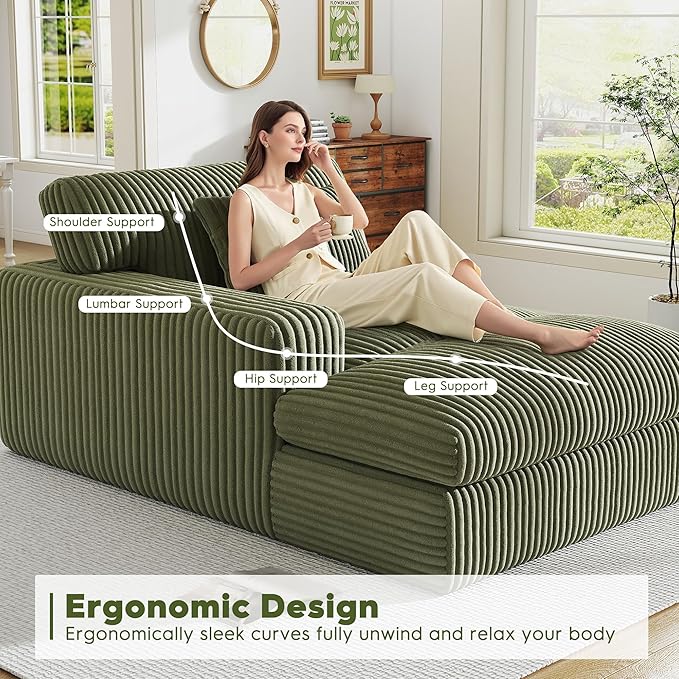 Oversized Chaise Lounge Sofa Chair Indoor，Soft Corduroy Fabric, Boneless sofawith Cushion，A Comfortable, deep-Seated Cloud Sofa for use in The Living Room.(Singler-Left-arm-Green)