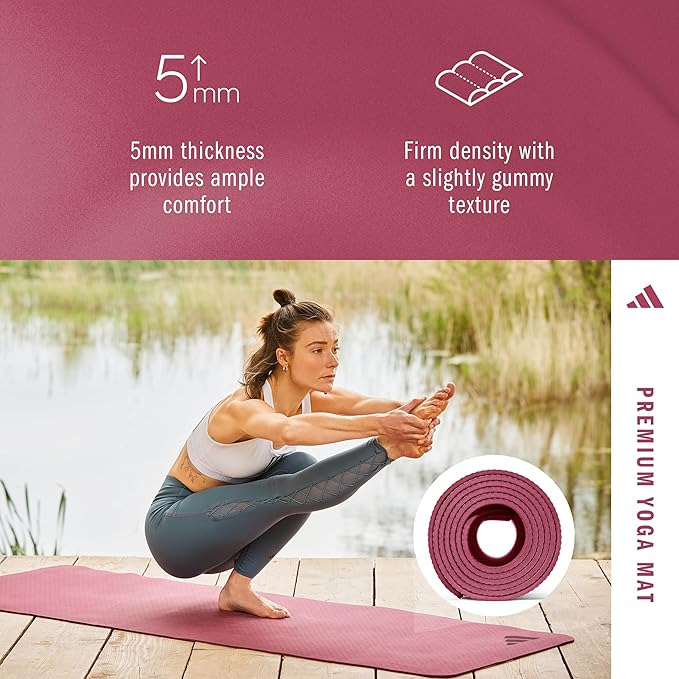 adidas Premium Yoga Mat, Firm-Density Workout Mat, 5 mm