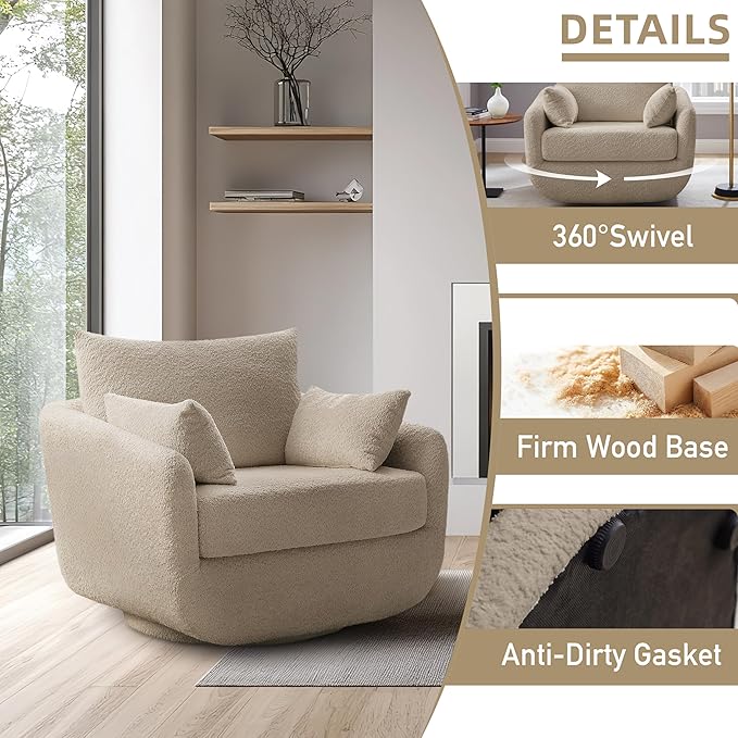 UNUQLIVCO 360° Swivel Accent Armchair, 39.3" Oversized, Sherpa Boucle Fabric Sofa Chair with Removable Back & Arm Pillows, Swivel Chair with Cozy Soft Padded (1, Camel)