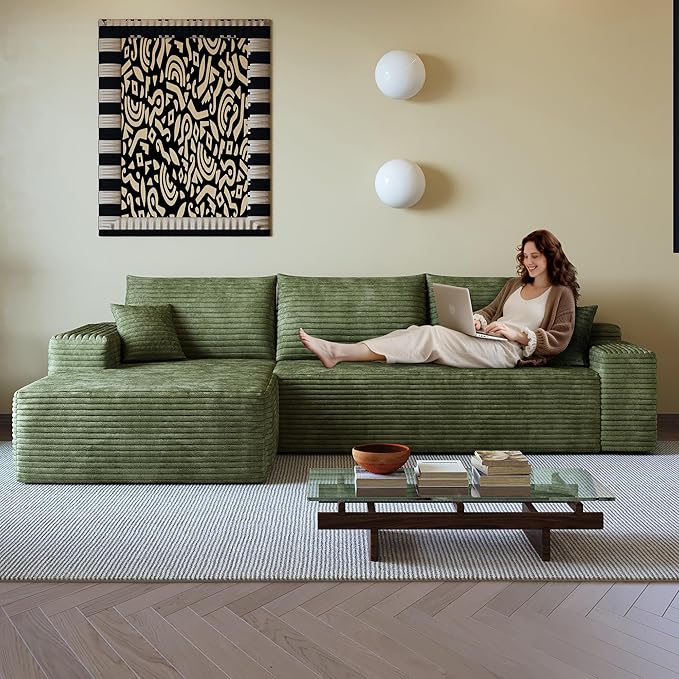 AUGOP 108" Sectional Couches for Living Room Modern Modular Sofa with L-Shape Couchs Upholstered Boneless Couch Deep Seat Sectional Couch with Chaise (Green, Left Facing Chaise+2Seaters)