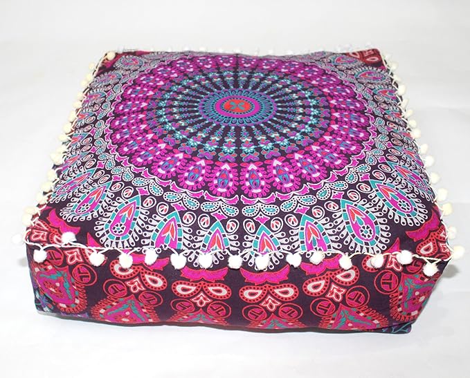 CRAFT KALA Pink Peacock Large Hippie Mandala Meditation Floor Ottoman Pillow Cushion Pouf Cover Square Poufs Bohemian Circle Floor Cushion Case Outdoor Fireplace Living Room Decor Cover 24" Square