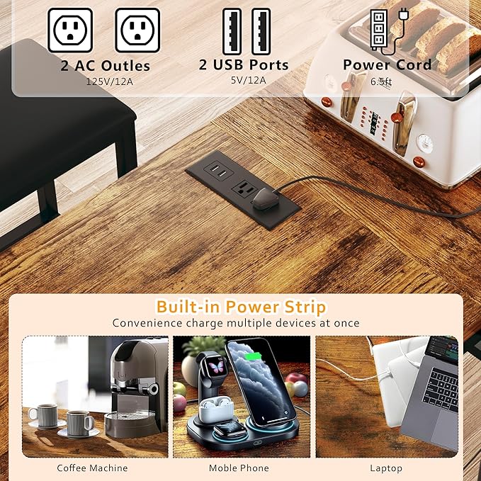 Bar Table and Chairs Set for 2-4, 63'' Convertible L-Shaped Kitchen Table with Power Outlets, 3 Piece Counter Height Small Dining Table with 2 Stools, Space Saving, Breakfast Nook Corner, Rustic Brown