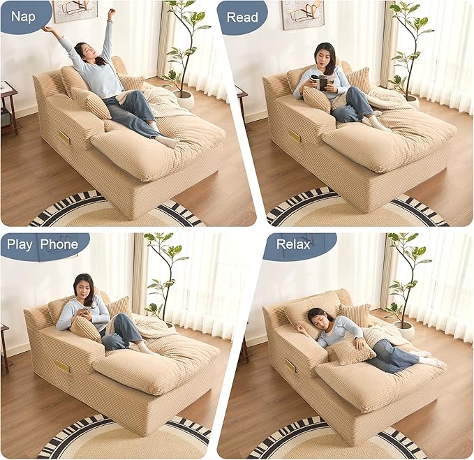 63" Oversized Boneless Chaise Lounge Chair, Extra Cloud Layer, Convertible Sleeper Sofa Couch with Removable Pillows & Side Pockets, Corduroy Upholstered Sofa Bed with Armrests for Living Room, Camel