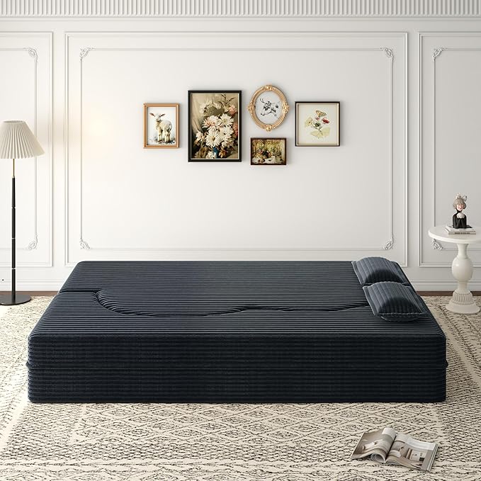 No Assembly Required Modern Floor Sofa, Convertible Plush Corduroy Sleeper Sofa Bed with 2 Pillows, Full Size Folding Mattress for Living Room and Guest Bed, Dark Grey
