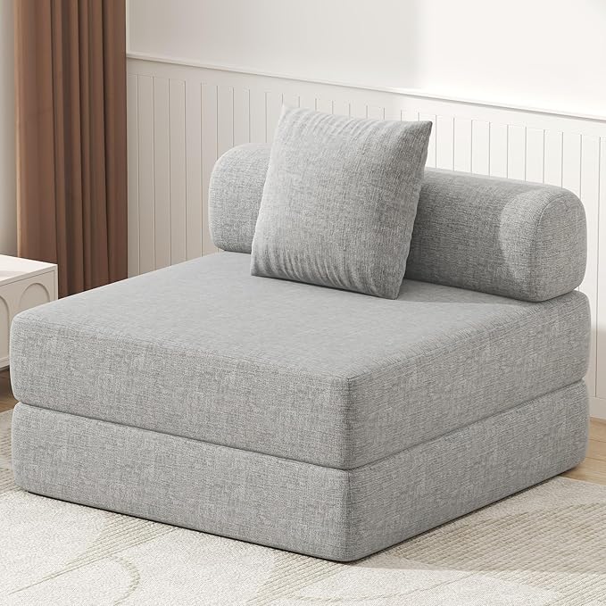 DURASPACE Folding Sleeper Sofa Bed Convertible Foam Floor Mattress Couch, Single Boneless Fold Out Lounger Chair Bed for Living Room Bedroom (Chenille Gray)