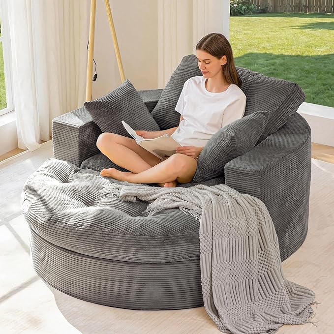 MAXYOYO Modular Sectional Chaise Lounge Sofa, Round Upholstered Lounge Chair with Ottoman, Comfy Couch with Layered Cushion, Tufted Sleeper Chair for Living Room, No Assembly, Dark Grey