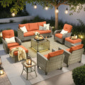 ovios 9 Pieces Patio Furniture Set, Outdoor Wicker Sofa Couch with Rocking Swivel Chairs Solar Lights Table, Modern Deep Seat Rattan Conversation Sets for Deck Porch, Orange Red
