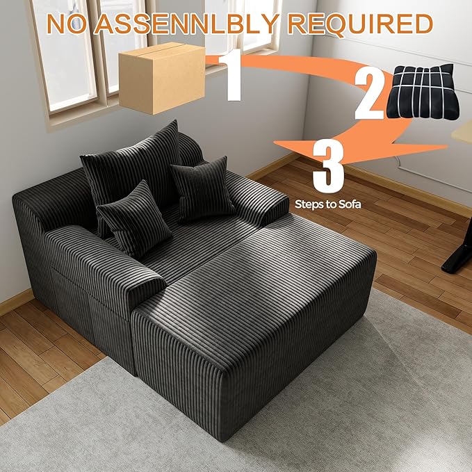 LSSBOUGHT 60'' Chaise Lounge Chair Indoor, Oversized Upholstered Sofa Bed, Sleeper Couch Reading Chairs Plush Corduroy Fabric Sofas Couches for Living Room (Black)