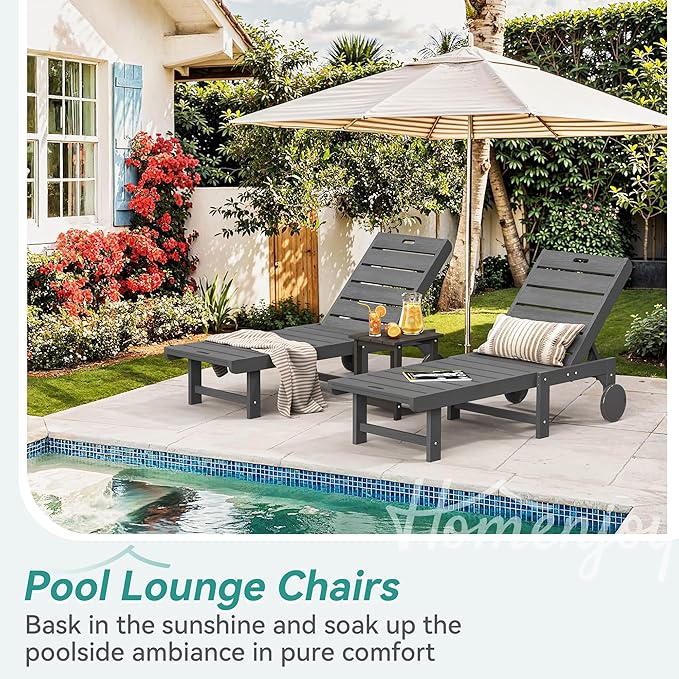 Homenjoy Outdoor Chaise Lounge Chairs Set of 2, 2-Piece, 26.8” Super Wide Lounge Chair Outdoor, HDPS Pool Chairs with 5 Positions, Patio Lounge Chair with Wheels for Pool,Lawn,Backyard, Dark Gray